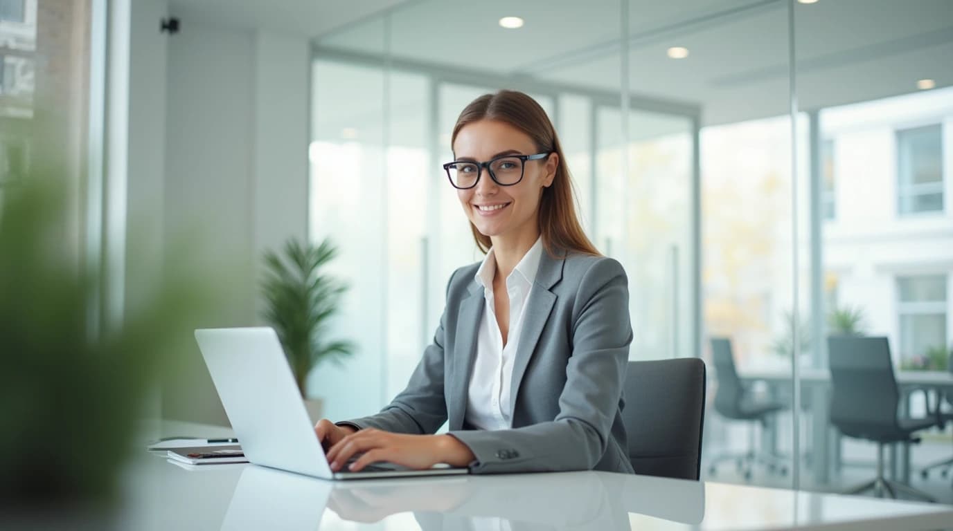 Berater sitzt im Büro vor einem Laptop und schaut nach links
