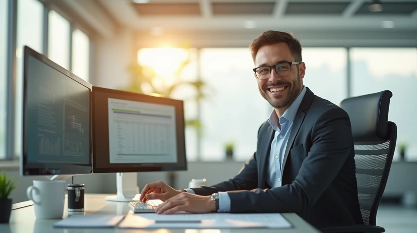 Berater sitzt im Büro vor einem Laptop und schaut nach links